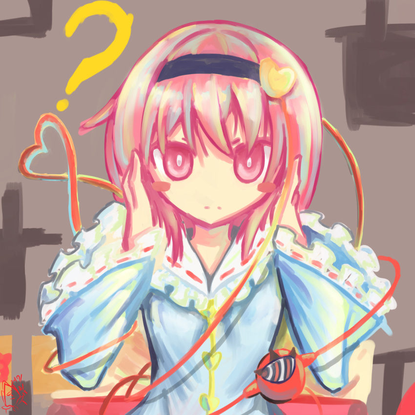 ? blue_shirt blush closed_mouth eyeball frilled_sleeves frills hair_ornament hairband hands_on_own_head heart heart_hair_ornament heart_of_string highres komeiji_satori looking_at_viewer nahril pink_eyes pink_hair shirt third_eye touhou upper_body