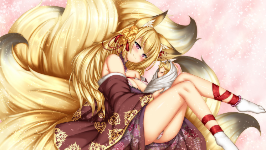 animal_ears baby blonde_hair blush fox_ears fox_girl fox_tail hair_ornament highres japanese_clothes kayou_(sennen_sensou_aigis) long_hair looking_at_viewer panties pantyshot pantyshot_(sitting) pink_background playjoe2005 sennen_sensou_aigis sitting smile socks tail underwear violet_eyes white_legwear wide_sleeves