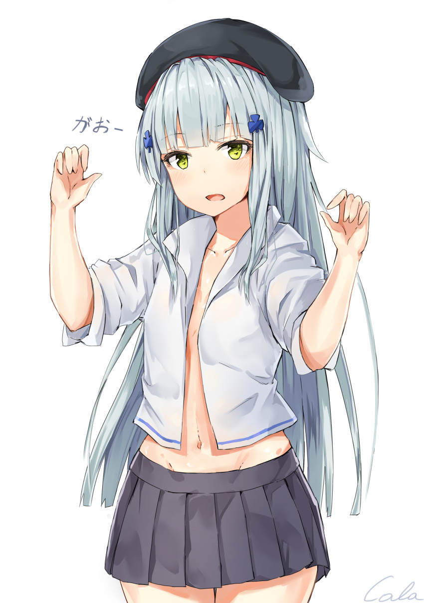 1girl absurdres artist_name bangs beret black_cola black_skirt blouse blue_hair blunt_bangs blush collarbone cowboy_shot eyebrows_visible_through_hair gao girls_frontline green_eyes hair_ornament hands_up hat highres hk416_(girls_frontline) long_hair looking_at_viewer navel no_bra open_blouse open_clothes open_mouth paw_pose pleated_skirt sidelocks signature silver_hair simple_background skirt sleeves_rolled_up solo straight_hair white_background