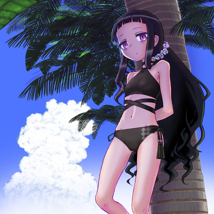 1girl alternate_hairstyle arms_behind_back bags_under_eyes bikini black_bikini black_hair black_swimsuit breasts choker closed_mouth clouds day expressionless from_below gluteal_fold groin halterneck hardgore_alice hayanye long_hair low_ponytail magical_girl mahou_shoujo_ikusei_keikaku mahou_shoujo_ikusei_keikaku_unmarked navel outdoors palm_tree sky small_breasts solo standing swimsuit tree very_long_hair violet_eyes
