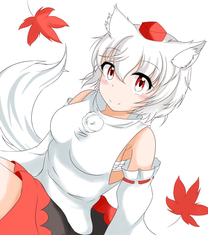 1girl absurdres animal_ears bare_shoulders blush_stickers breasts detached_sleeves hat highres inubashiri_momiji leaf maple_leaf medium_breasts medium_skirt pom_pom_(clothes) red_eyes ribbon_trim shirt short_hair silver_hair simple_background sleeveless sleeveless_shirt solo tail tokin_hat touhou turtleneck white_background white_shirt wide_sleeves wolf_ears wolf_tail