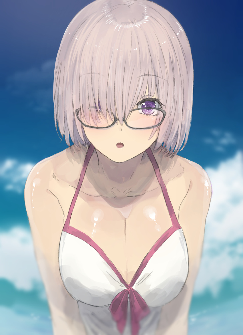 1girl :o arms_at_sides bangs bare_arms bare_shoulders black-framed_eyewear blue_sky breasts cleavage clouds cloudy_sky collarbone commentary_request day dress fate/grand_order fate_(series) glasses hair_over_one_eye halter_top halterneck highres kumamoto_nomii-kun large_breasts looking_at_viewer one_eye_covered open_mouth outdoors purple_hair purple_ribbon ribbon shielder_(fate/grand_order) short_hair sky sleeveless sleeveless_dress solo spaghetti_strap upper_body violet_eyes white_dress
