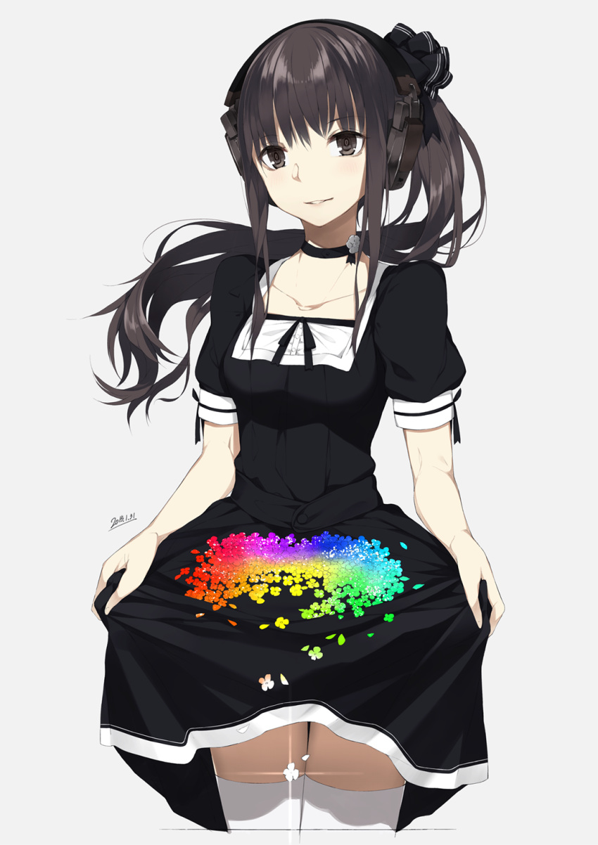 1girl bangs black_dress black_hair brown_eyes collarbone cowboy_shot dated dress eyebrows_visible_through_hair floating_hair headphones highres long_hair looking_at_viewer original parted_lips ponytail puffy_short_sleeves puffy_sleeves rainbow rayvon short_sleeves sidelocks simple_background skirt_basket smile solo thigh-highs white_background white_legwear zettai_ryouiki