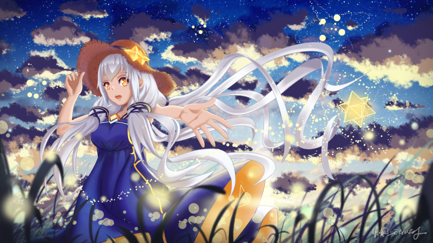 1girl artist_name breasts collarbone eyebrows_visible_through_hair hat highres large_breasts long_hair night night_sky open_mouth orange_eyes silver_hair sky small_stellated_dodecahedron smile solo star_(sky) starry_sky straw_hat teeth twintails vocaloid xingchen zhu_xiao_tian_crazy