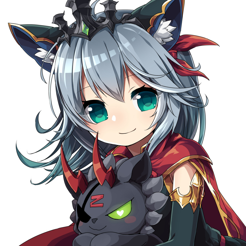 1girl ahoge animal_ears cape cat_ears character_doll detached_sleeves dress eyepatch green_eyes heart heart-shaped_pupils highres holding horns kozakura_(dictionary) looking_at_viewer puzzle_&amp;_dragons romia_(p&amp;d) silver_hair simple_background smile solo symbol-shaped_pupils tiara white_background zuoh_(p&amp;d)