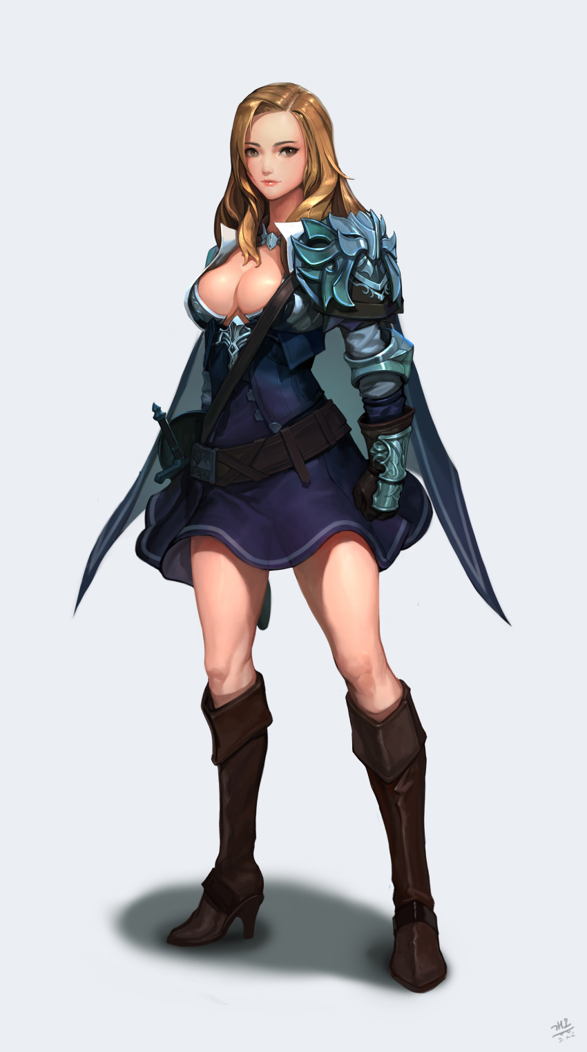 1girl absurdres armor arms_at_sides bandolier bangs belt belt_buckle blue_dress boots breasts brown_belt brown_boots brown_gloves brown_hair buckle cape cleavage clenched_hand closed_mouth commentary daejun_park dress elbow_pads eyelashes full_body gauntlets gloves high_heel_boots high_heels highres knee_boots knight legs_apart light_brown_hair light_smile lips long_hair long_sleeves looking_at_viewer medium_breasts nose original parted_bangs pauldrons pink_lips scabbard sheath sheathed short_dress signature simple_background skirt solo standing sword weapon