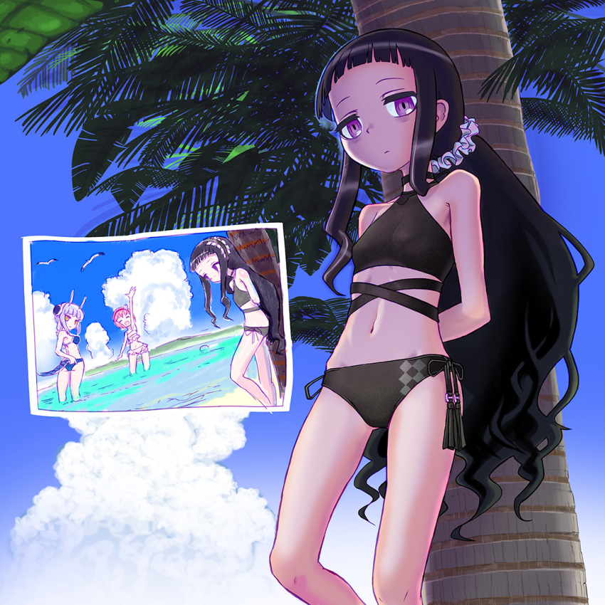 3girls :d alternate_hairstyle arm_up arms_behind_back ass bags_under_eyes beach bikini bird black_bikini black_hair black_swimsuit blue_bikini breasts brown_eyes brown_hair choker closed_eyes closed_mouth clouds commentary_request day dragon_horns dragon_tail expressionless frilled_swimsuit frills from_below gluteal_fold groin hairband halterneck hardgore_alice hayanye horns la_pucelle_(mahoiku) lolita_hairband long_hair looking_back low_ponytail magical_girl mahou_shoujo_ikusei_keikaku mahou_shoujo_ikusei_keikaku_unmarked medium_breasts multiple_girls navel open_mouth outdoors palm_tree partially_submerged photo_(object) pink_hair seagull short_hair sky slit_pupils small_breasts smile snow_white_(mahoiku) standing swimsuit tail tree very_long_hair violet_eyes