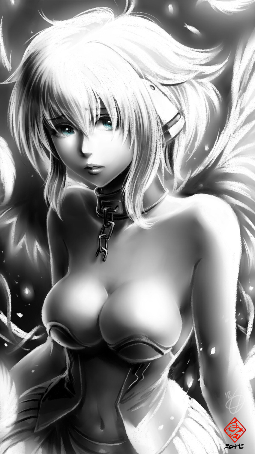 1girl absurdres bare_shoulders blue_eyes breasts cleavage collarbone eyebrows_visible_through_hair greyscale highres ikaros looking_at_viewer medium_breasts monochrome navel parted_lips signature solo sora_no_otoshimono tete_(amakuchichiyoko)