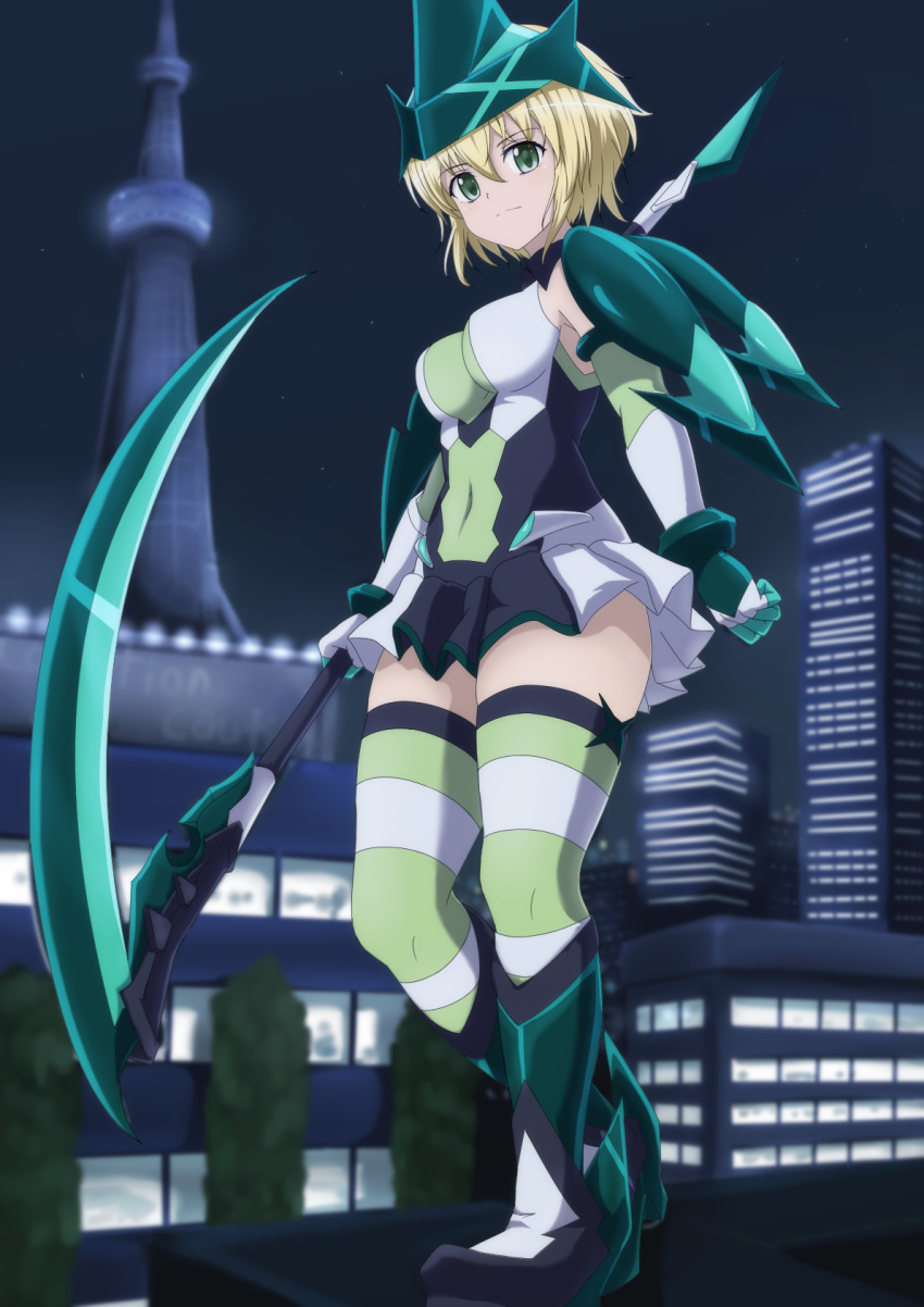 1girl akatsuki_kirika blonde_hair blurry blurry_background blush boots breasts building city closed_mouth covered_navel depth_of_field elbow_gloves eyebrows_visible_through_hair full_body gloves green_eyes headgear highres holding holding_weapon looking_at_viewer medium_breasts narayu night night_sky outdoors rooftop scythe senki_zesshou_symphogear shiny shiny_hair short_hair skirt sky skyscraper smile solo spire standing star_(sky) striped striped_legwear thigh-highs tree weapon