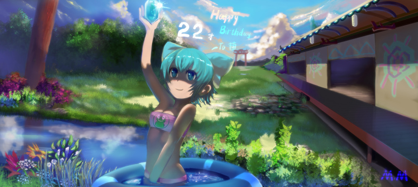 1girl alternate_breast_size artist_name bare_shoulders blue_bow blue_eyes blue_hair blush bow breasts cirno cleavage closed_mouth flower hair_bow happy_birthday looking_away medium_breasts moxmod mushroom short_hair smile solo torii touhou tree wading_pool