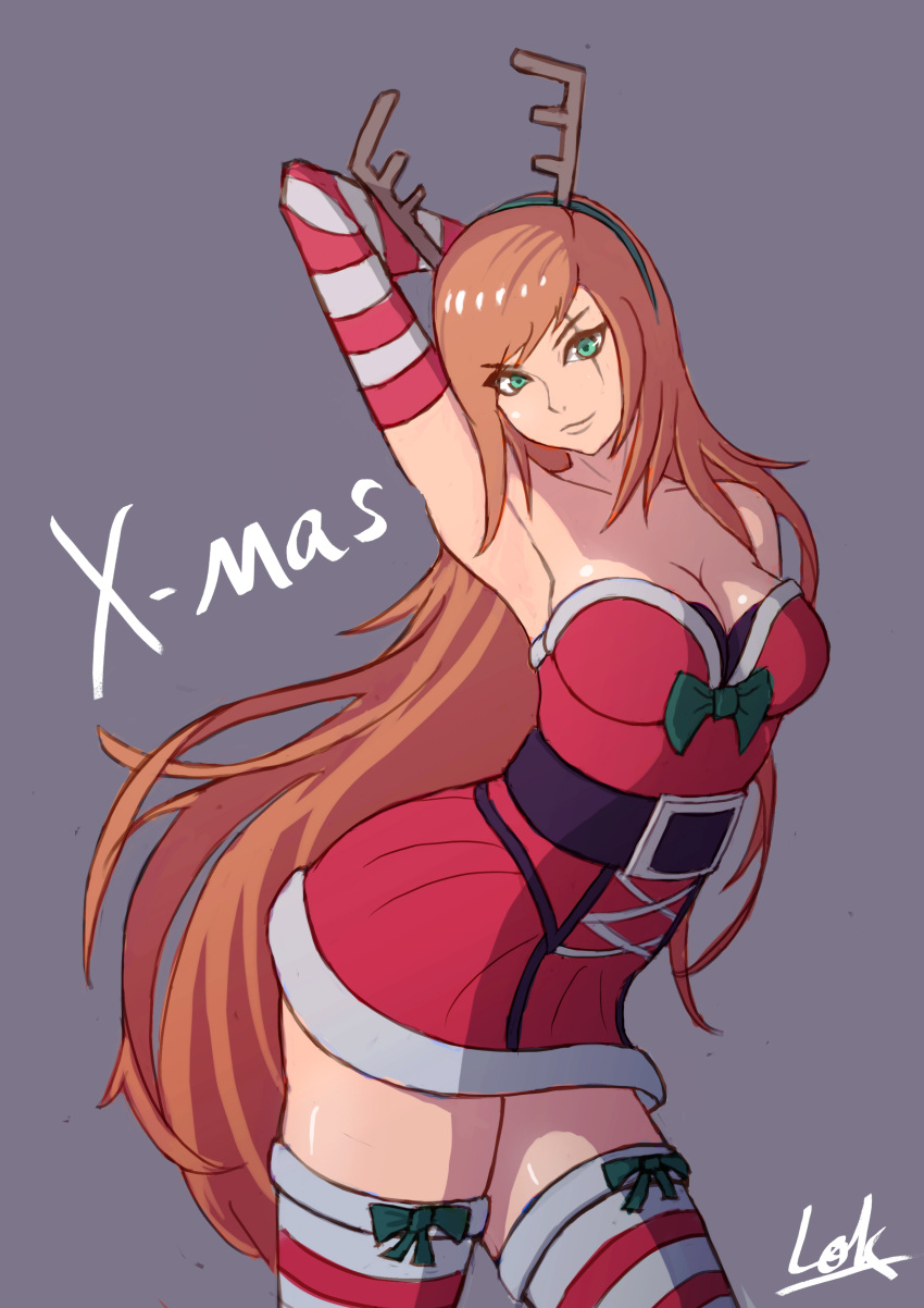 1girl absurdres animal_ears antlers bow breasts brown_hair christmas cleavage closed_mouth collarbone elbow_gloves eyebrows_visible_through_hair fake_animal_ears gloves green_bow green_eyes hairband highres katarina_du_couteau large_breasts league_of_legends long_hair looking_at_viewer red_legwear reindeer_antlers signature sketch smile solo striped striped_legwear thigh-highs white_legwear yclok