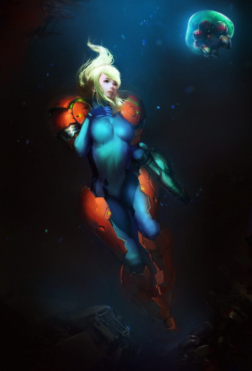 1girl absurdres alien arm_cannon armor blue_bodysuit bodysuit breasts commentary_request eyebrows fangs floating_hair full_body glowing hand_on_own_chest hand_up highres leg_armor lips long_hair looking_at_another metroid metroid_(creature) noboundary parted_lips ponytail realistic ribs samus_aran shoulder_pads skin_tight stomach varia_suit weapon zero_suit