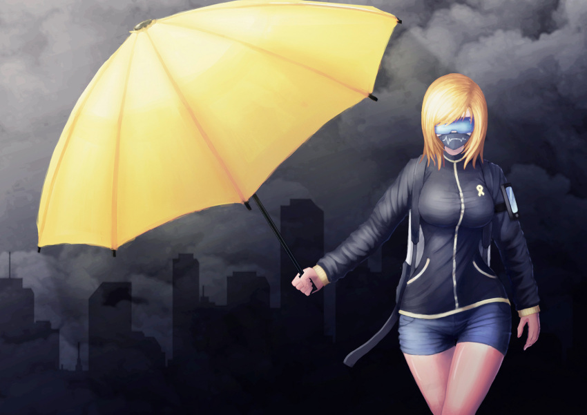 1girl blindfold blonde_hair breasts character_request copyright_request denim denim_shorts facing_viewer highres holding holding_umbrella jacket large_breasts short_hair shorts solo umbrella yclok