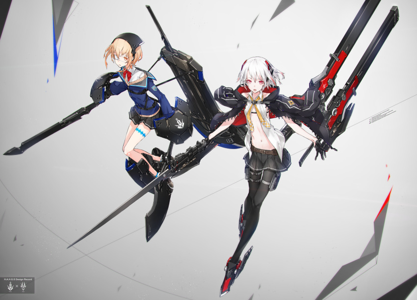 2girls blonde_hair eyepatch gloves headgear highres holster looking_at_viewer midriff multiple_girls navel neco original pantyhose red_eyes science_fiction short_hair skirt thigh_holster thigh_strap weapon white_hair