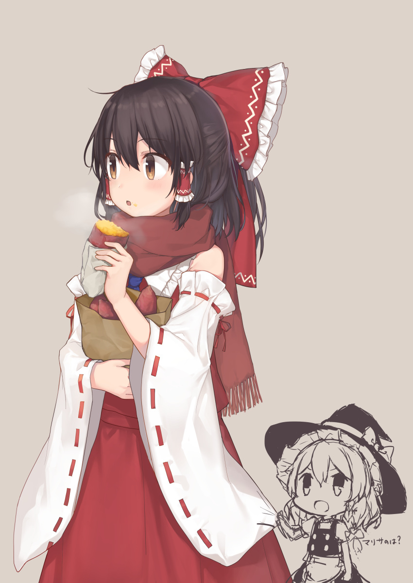 1girl absurdres bag black_hair bow breath brown_eyes chibi_inset detached_sleeves eating food food_on_face hair_bow hair_tubes hakurei_reimu hat highres kirisame_marisa red_bow red_scarf red_skirt ribbon-trimmed_sleeves ribbon_trim scarf sidelocks skirt solo sweet_potato touhou vest witch_hat yada_(xxxadaman)