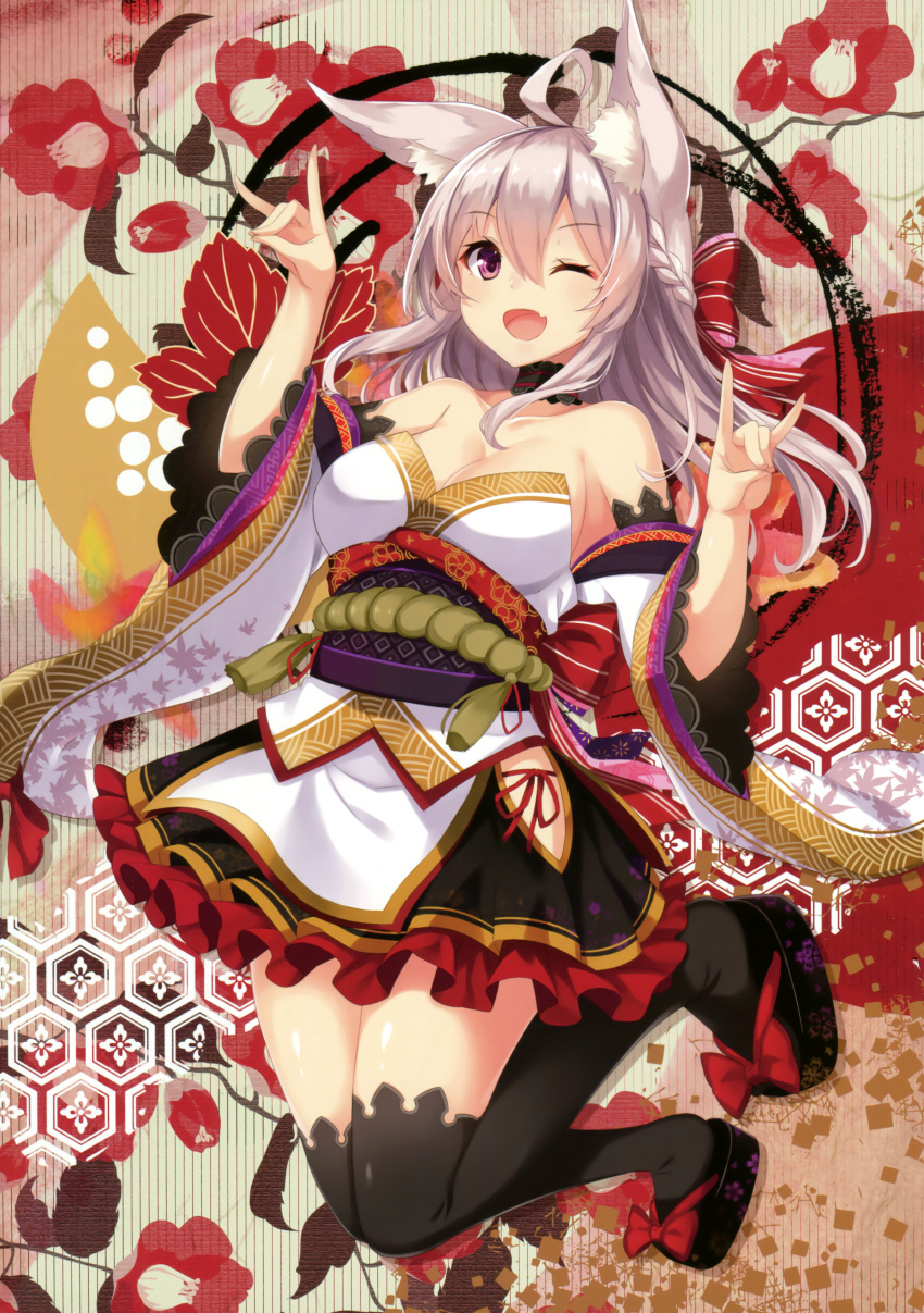 1girl absurdres animal_ears bangs bare_shoulders black_legwear bow braid breasts choker cleavage collarbone detached_sleeves eyebrows_visible_through_hair floral_print frills hair_bow highres japanese_clothes lavender_hair leaf_print long_hair medium_breasts open_mouth sandals skirt smile solo takehana_note thigh-highs violet_eyes wide_sleeves zettai_ryouiki