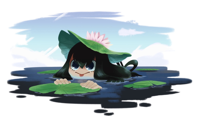 10s 1girl :&gt; :p asui_tsuyu bangs black_eyes black_hair blue_eyes boku_no_hero_academia commentary_request day flower hands kiana_khansmith lily_pad long_hair lotus outdoors partially_submerged solo tongue tongue_out upper_body water