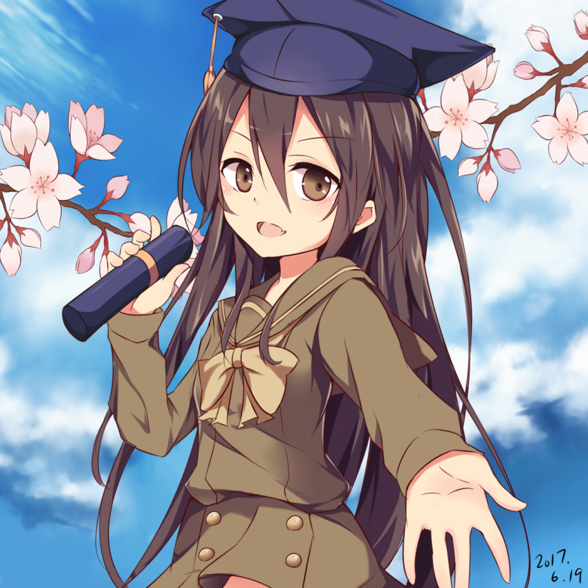 1girl 2017 ai_cao black_hair branch brown_eyes cherry_blossoms dated diploma graduation green_serafuku green_skirt hat highres long_hair looking_at_viewer mortarboard open_mouth school_uniform serafuku shakugan_no_shana shana skirt solo tube