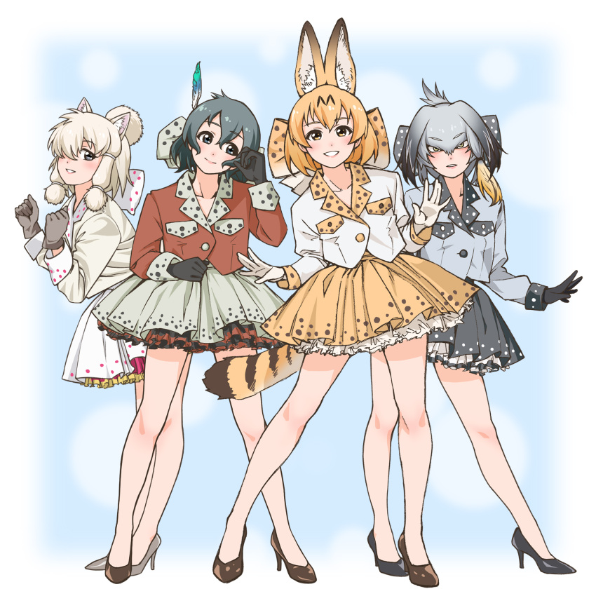 4girls adapted_costume alpaca_ears alpaca_suri_(kemono_friends) alpaca_tail animal_ears bangs bird_tail black_eyes black_gloves black_hair blonde_hair bow commentary eyebrows_visible_through_hair feathers from_side full_body gloves gradient_hair grey_gloves grey_hair grey_shirt grey_skirt hair_bow hair_feathers head_tilt high_heels highres horizontal_pupils kaban_(kemono_friends) kemono_friends large_bow leaning_forward legs legs_apart long_hair long_sleeves looking_at_viewer low_ponytail multicolored_hair multiple_girls parted_lips petticoat ponytail red_shirt serval_(kemono_friends) serval_ears serval_tail shirt shoebill_(kemono_friends) short_hair skirt smile suzushiro_(suzushiro333) tail white_gloves white_shirt white_skirt yellow_eyes yellow_skirt