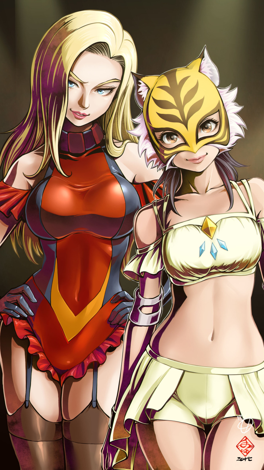2girls absurdres bare_shoulders black_hair black_legwear blonde_hair blue_eyes breasts brown_eyes character_request closed_mouth garter_straps highres large_breasts long_hair looking_at_viewer medium_breasts multiple_girls navel parted_lips smile tete_(amakuchichiyoko) thigh-highs tiger_mask_(object) tiger_mask_w