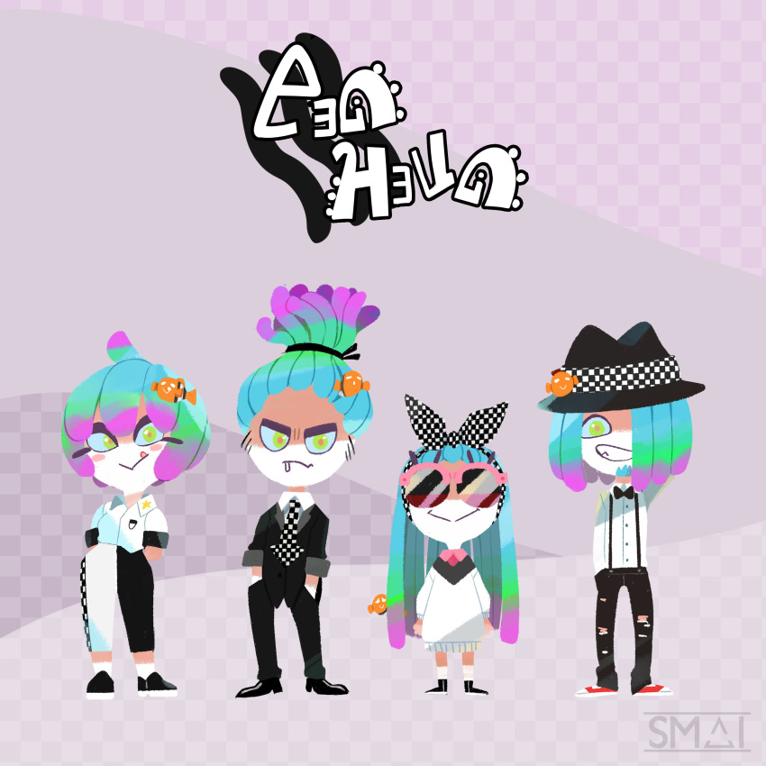 2boys 2girls absurdres artist_name blue_sclera boater_hat bow bowtie checkered checkered_background clownfish facial_hair full_body goatee gradient_hair green_eyes hair_over_one_eye hands_in_pockets highres lineup logo looking_at_viewer multicolored_hair multiple_boys multiple_girls original purple_background sami_briggs sea_anemone splatoon sunglasses sweater