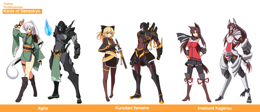 3girls absurdres adapted_costume altronage animal_ears armor belt blonde_hair boots brown_hair claws digitigrade eyebrows_visible_through_hair full_armor full_body hair_over_one_eye helmet highres horns imaizumi_kagerou kurodani_yamame long_hair mask monster_girl multiple_girls original pantyhose ponytail red_eyes ribbon scarf sheath sword tail thigh-highs touhou unsheathing weapon white_hair wide_sleeves wolf_ears wolf_tail yellow_eyes