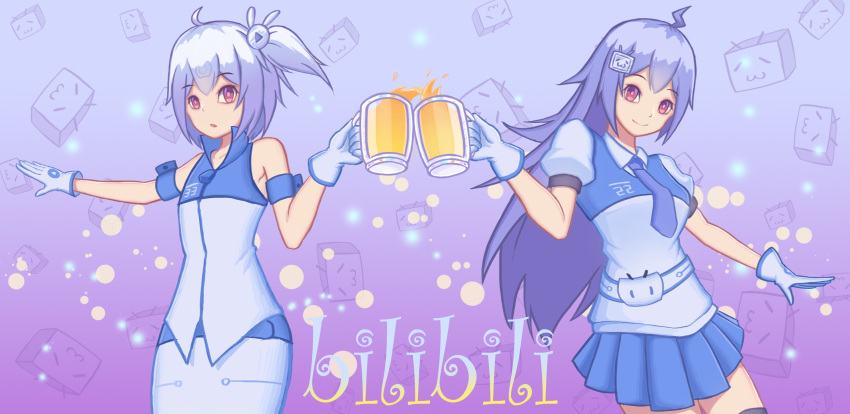 2girls ahoge bare_shoulders bili_girl_22 bili_girl_33 bilibili_douga black_legwear blue_hair blue_necktie blue_skirt breasts closed_mouth copyright_name cup drinking_glass eyebrows_visible_through_hair flat_chest gloves highres holding holding_drinking_glass long_hair looking_at_viewer medium_breasts multiple_girls necktie parted_lips puffy_short_sleeves puffy_sleeves red_eyes short_hair short_ponytail short_sleeves side_ponytail skirt smile thigh-highs white_gloves zhu_xiao_tian_crazy