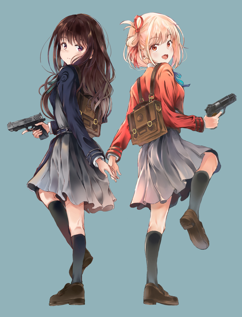 2girls absurdres belt black_hair blonde_hair brown_eyes dress from_behind full_body grey_dress grey_shirt gun handgun highres holding_hands inoue_takina light_blue_background loafers long_hair looking_back lycoris_recoil lycoris_uniform m1911 mijuruuu multiple_girls nishikigi_chisato pleated_dress red_belt red_dress red_eyes red_ribbon ribbon s&amp;w_m&amp;p shirt shoes short_hair smile standing standing_on_one_leg trigger_discipline two-tone_dress weapon