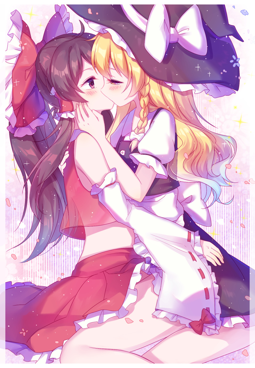 2girls baozishark bare_shoulders blonde_hair blouse blush bow braid brown_hair commentary_request crop_top detached_sleeves eye_contact hair_bow hair_tubes hakurei_reimu half-closed_eyes hand_on_another's_face hat hat_bow highres hug kirisame_marisa kiss large_bow long_hair looking_at_another multiple_girls puffy_short_sleeves puffy_sleeves red_eyes short_sleeves single_braid skirt thighs touhou vest wavy_hair witch_hat yellow_eyes yuri