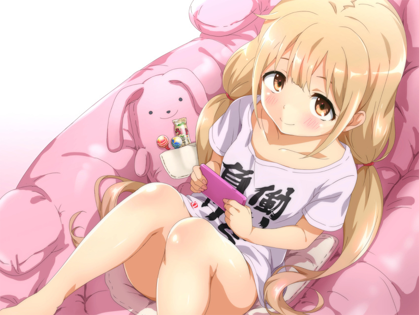 1girl blonde_hair brown_eyes candy cellphone closed_mouth clothes_writing food futaba_anzu idolmaster idolmaster_cinderella_girls lollipop long_hair looking_at_viewer ookanehira phone shirt short_sleeves sitting smile solo stuffed_animal stuffed_bunny stuffed_toy t-shirt twintails you_work_you_lose