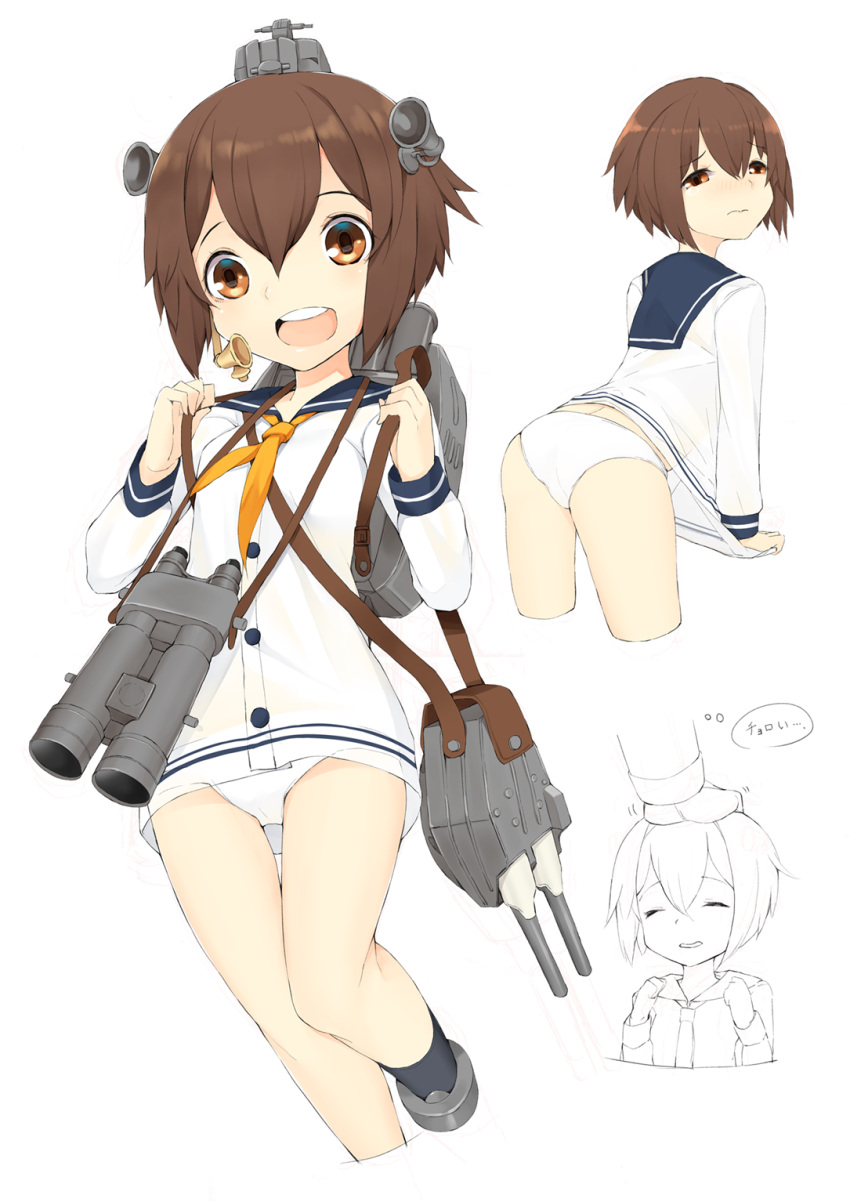 1girl 3: ^_^ admiral_(kantai_collection) arched_back ass bangs binoculars blush brown_eyes brown_hair closed_eyes dress hair_between_eyes hands_up highres horn kantai_collection looking_back multiple_views neckerchief open_mouth out_of_frame panties petite petting rayvon rigging sailor_dress short_hair simple_background smile teeth thighs turret underwear white_background white_panties yukikaze_(kantai_collection)