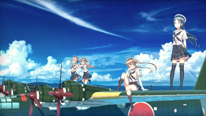 4girls :d absurdres aircraft airplane alternate_costume arms_behind_back beret black_legwear blonde_hair blue_eyes blue_hair blush chin_rest clouds cloudy_sky commentary_request day flying_boat gloves h8k hakama_skirt harusame_(kantai_collection) hat highres kantai_collection key_kun light_brown_eyes light_brown_hair long_hair looking_at_viewer looking_away multiple_girls murasame_(kantai_collection) neckerchief no_shoes open_mouth pink_eyes pink_hair pleated_skirt propeller pushing running sailor_collar samidare_(kantai_collection) scenery school_uniform seaplane serafuku side_ponytail sitting skirt sky smile standing thigh-highs twintails yuudachi_(kantai_collection) zettai_ryouiki