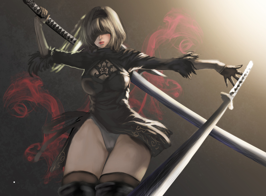 1girl absurdres artist_request black_dress black_gloves blindfold boots breasts cleavage dress feather_trim gloves hairband highres holding holding_sword holding_weapon juliet_sleeves lipstick long_sleeves makeup medium_breasts mole mole_under_mouth nier nier_(series) nier_automata puffy_sleeves short_hair solo sword thigh-highs thigh_boots thighs weapon white_hair yorha_no._2_type_b