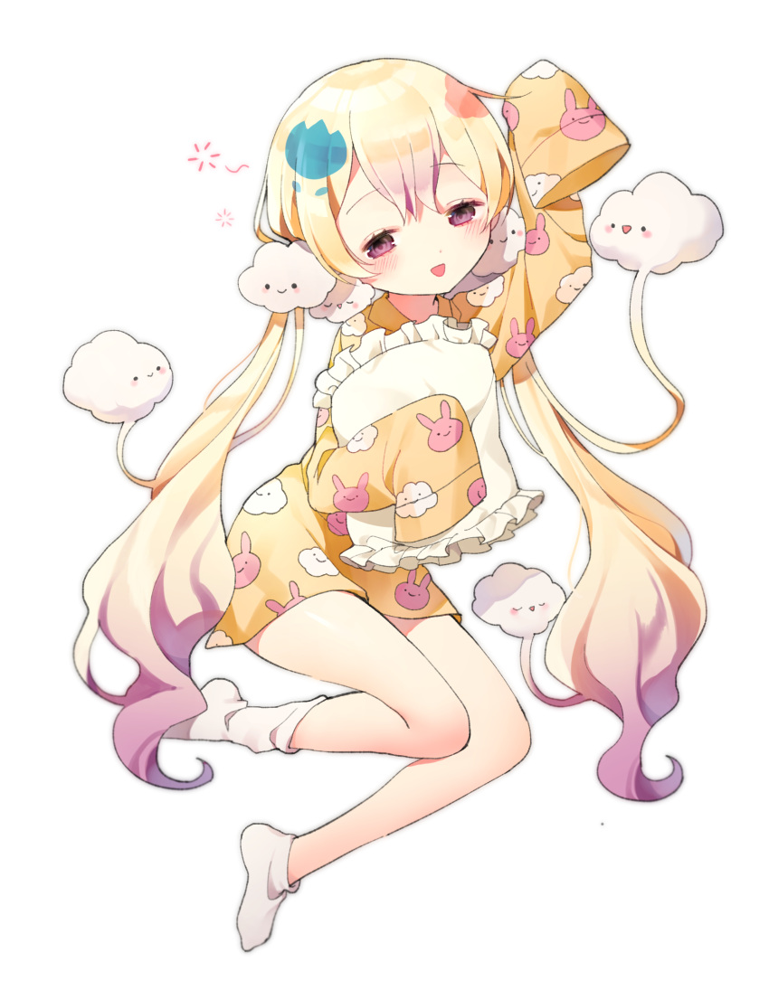 1girl :d absurdres animal_print azit_(down) blonde_hair blush bunny_print closed_eyes cloud_print clouds eyebrows_visible_through_hair frilled_pillow frills from_side full_body head_tilt highres leg_up long_hair low_twintails magical_girl mahou_shoujo_ikusei_keikaku mahou_shoujo_ikusei_keikaku_unmarked multicolored_hair nemurin open_mouth pajamas pillow pink_hair shoes sleepy sleeves_past_wrists smile solid_circle_eyes solo triangle_mouth twintails very_long_hair violet_eyes white_background white_shoes