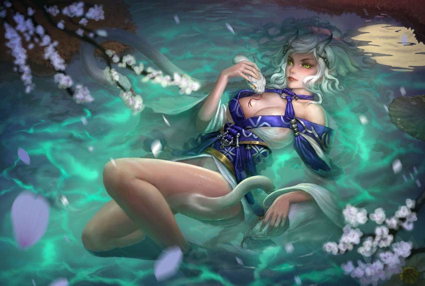 1girl afloat blurry breasts cherry_blossoms depth_of_field earrings east_river forked_tongue from_above green_eyes groin horns japanese_clothes jewelry kimono kimono_skirt large_breasts looking_at_viewer obi original parted_lips petals petting pointy_ears reflection sash slit_pupils snake tongue tongue_out water wet wet_clothes white_hair white_snake yellow_sclera