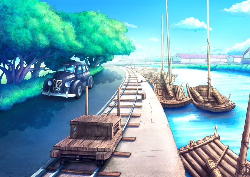 boat car ground_vehicle highres license_plate motor_vehicle no_humans original railroad_tracks river road scenery tree watercraft yclok