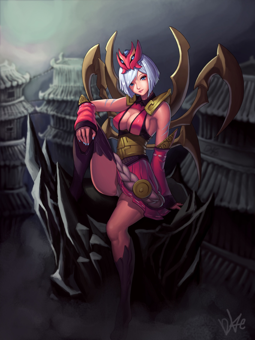 1girl absurdres black_legwear blue_eyes blue_nails blush breasts cleavage elise_(league_of_legends) highres large_breasts league_of_legends lee_seok_ho looking_at_viewer nail_polish parted_lips short_hair sideboob signature silver_hair sitting smile solo thigh-highs