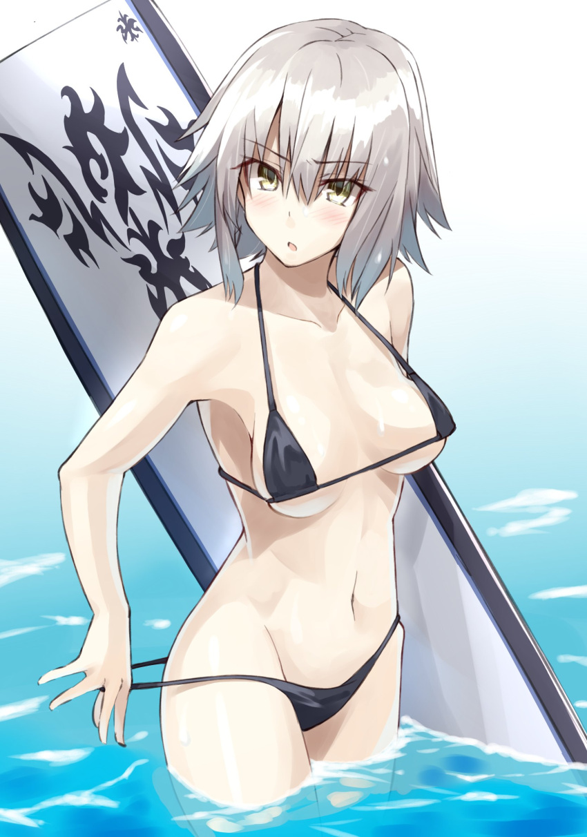 1girl bare_shoulders bikini bikini_pull black_bikini breasts eyebrows_visible_through_hair fate/grand_order fate_(series) hair_between_eyes halterneck highres jeanne_alter medium_breasts navel open_clothes open_shirt outdoors ruler_(fate/apocrypha) shirt short_hair shunichi silver_hair solo strap_gap surfboard swimsuit wading yellow_eyes