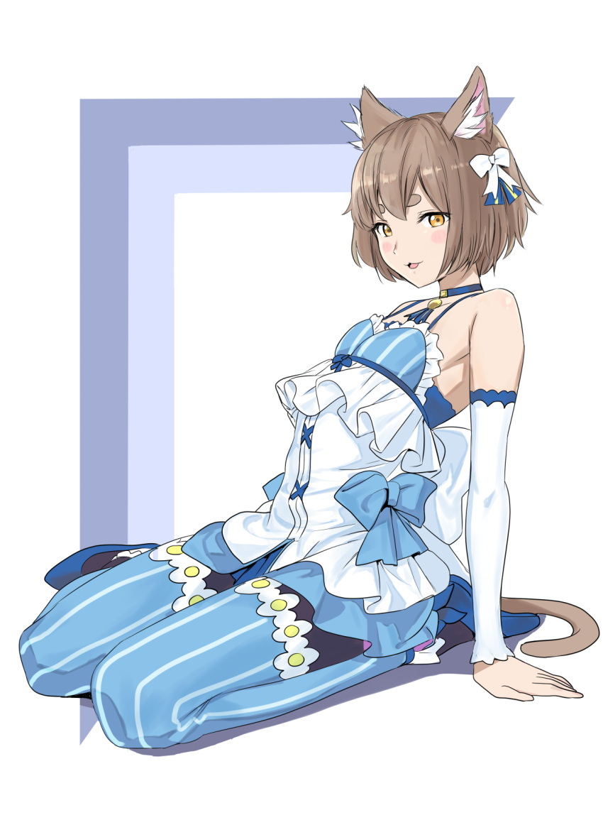 1boy :3 :d animal_ears arm_support armpits arms_behind_back bangs bare_shoulders black_legwear blue_choker blue_dress blue_legwear blue_ribbon blue_shoes blush bob_cut bolo_tie bow bow_dress brown_hair cat_ears cat_tail choker collarbone commentary_request cross-laced_clothes detached_sleeves dress dress_bow eyelashes felix_argyle frilled_dress frilled_legwear frills front-tie_top full_body hair_bow hair_ribbon half-closed_eyes highres jewelry large_bow layered_dress leaning_back looking_at_viewer male_focus momosuke_(ishakry) open_mouth otoko_no_ko outside_border pantyhose parted_bangs pendant re:zero_kara_hajimeru_isekai_seikatsu ribbon shoes short_dress short_eyebrows short_hair simple_background sitting smile solo spaghetti_strap striped striped_legwear striped_ribbon tail thick_eyebrows thigh-highs thighhighs_over_pantyhose toeless_legwear vertical-striped_dress vertical-striped_legwear vertical_stripes white_background white_bow white_dress yellow_eyes