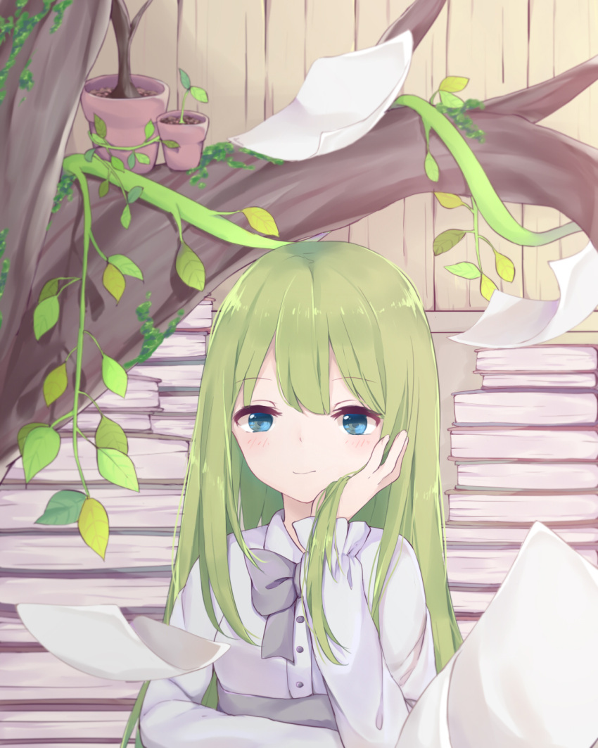 1girl blue_eyes blush bow closed_mouth eyebrows_visible_through_hair green_hair grey_bow highres long_hair long_sleeves looking_away original paper plant potted_plant shiroraku solo tree vines