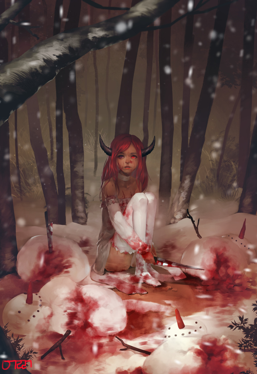 1girl absurdres blood blood_on_face blood_splatter bloody_clothes bloody_hands carrot choker collarbone detached_sleeves dress forest full_body grass highres holding holding_knife j_jp knife long_hair long_sleeves looking_away looking_up nature no_shoes number original outdoors parted_lips red_eyes redhead sitting snow snowing snowman solo stick strapless strapless_dress thigh-highs white_dress white_legwear