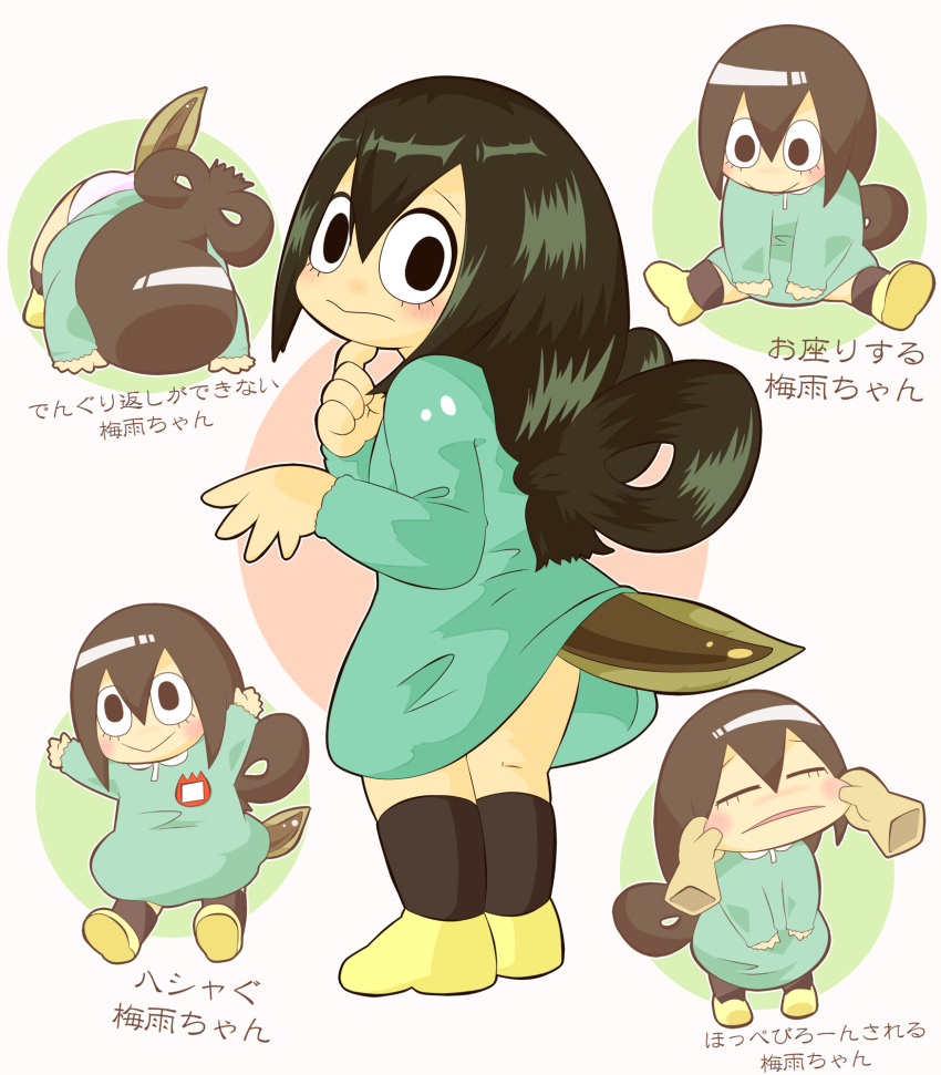 10s 1girl :&gt; =_= all_fours amen_hito arms_up asui_tsuyu black_eyes black_hair black_legwear blush boku_no_hero_academia cheek_pinching cheek_pull commentary_request from_behind highres kindergarten_uniform long_hair looking_back looking_down multiple_views outstretched_arms panties pinching shoes simple_background sitting socks spread_arms tadpole_tail toddler translation_request underwear white_background yellow_shoes younger