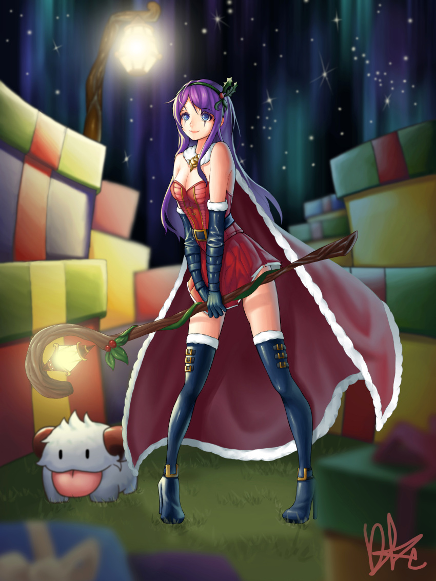 1girl absurdres aurora black_boots black_gloves blue_eyes blush boots breasts cleavage closed_mouth elbow_gloves eyebrows_visible_through_hair gift gloves high_heel_boots high_heels highres holding holding_staff large_breasts league_of_legends leblanc lee_seok_ho long_hair looking_away mistletoe_leblanc poro_(league_of_legends) purple_hair signature smile snowing solo staff thigh-highs thigh_boots