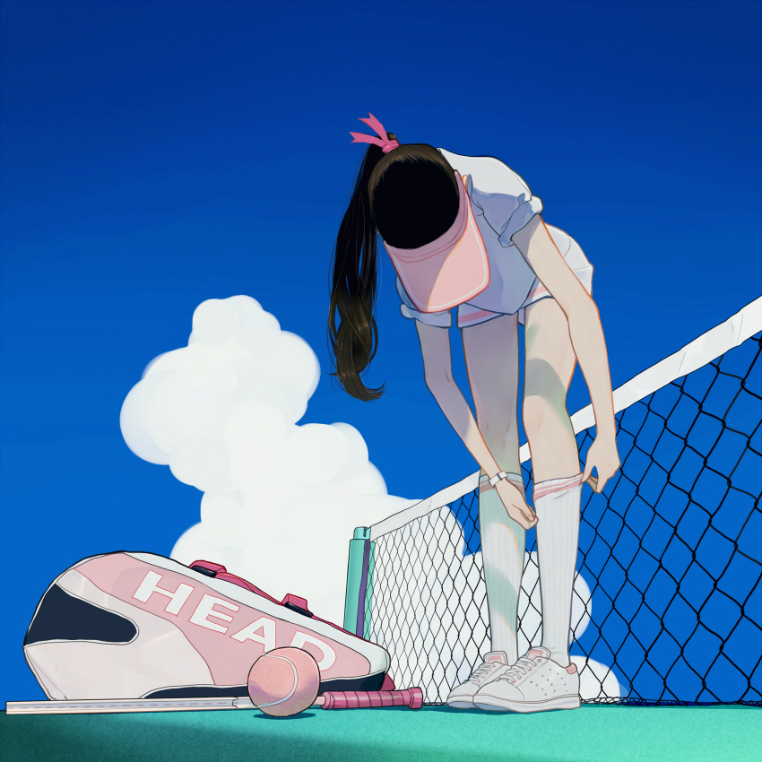 1girl adjusting_clothes adjusting_legwear ball bent_over black_hair blue_sky clouds cloudy_sky commentary from_below from_ground full_body hat highres kneehighs long_hair looking_down miniskirt original pink_hat ponytail racket shirt shoes short_sleeves skirt sky sneakers solo standing t0rped0 tennis_ball tennis_court tennis_net tennis_racket tennis_racket_case visor_cap white_shirt white_shoes white_skirt