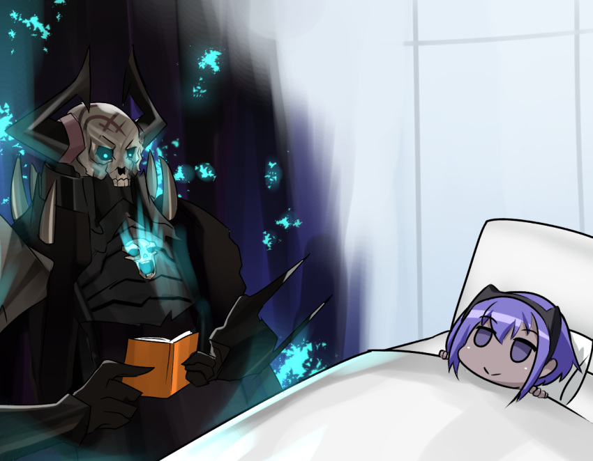1boy altronage armor assassin_(fate/prototype_fragments) bed black_skin book chibi fate/grand_order fate/prototype fate/prototype:_fragments_of_blue_and_silver fate_(series) glowing glowing_eyes hairband horns king_hassan_(fate/grand_order) purple_hair reading skull skull_mask