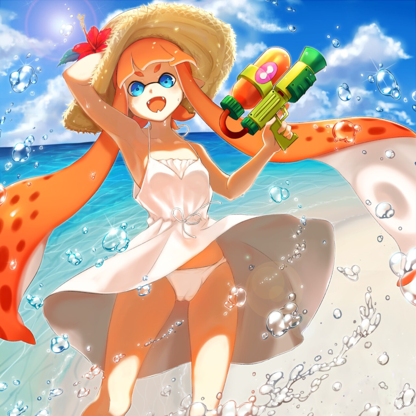 1girl armpits bangs beach blue_eyes blunt_bangs casual clouds cloudy_sky commentary_request day domino_mask dress dress_lift droplet fangs flower hand_on_headwear hat hat_flower highres holding holding_weapon inkling lens_flare long_hair mask mimimi_(echonolog) ocean open_mouth orange_hair panties pantyshot pantyshot_(standing) short_dress sky smile solo spaghetti_strap splatoon standing straw_hat sun sun_hat sundress tentacle_hair underwear very_long_hair weapon wet white_dress white_panties wind wind_lift