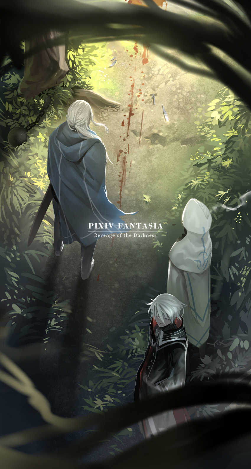 2boys absurdres ball_and_chain blood blood_splatter blurry cloak commentary copyright_name depth_of_field fantasy feathers forest from_above from_behind hands_in_pockets highres hood leaf long_hair multiple_boys nature out_of_frame path pixiv_fantasia pixiv_fantasia_revenge_of_the_darkness ponytail road shadow sheath short_hair silver_hair sword weapon white_hair wind