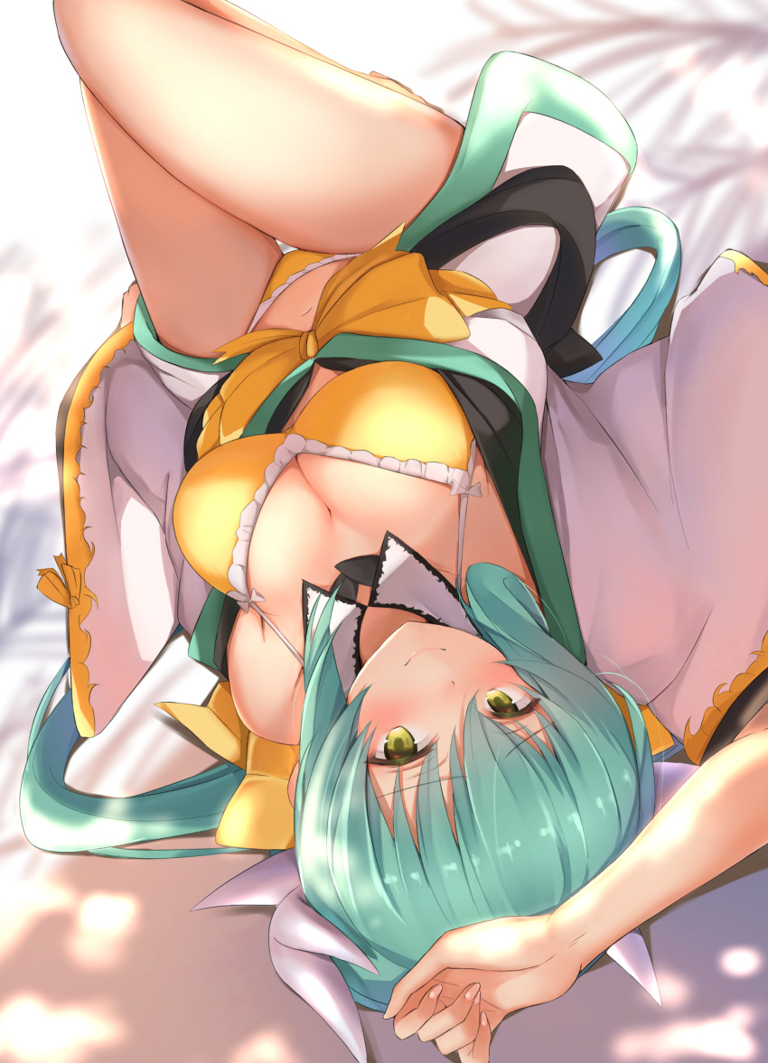 1girl absurdres aqua_hair bikini breasts cleavage fate/grand_order fate_(series) halter_top halterneck highres horns japanese_clothes kimono kiyohime_(fate/grand_order) kiyohime_(swimsuit_lancer)_(fate) knees_up large_breasts long_hair looking_at_viewer lying maosame navel on_back smile solo swimsuit yellow_bikini yellow_eyes
