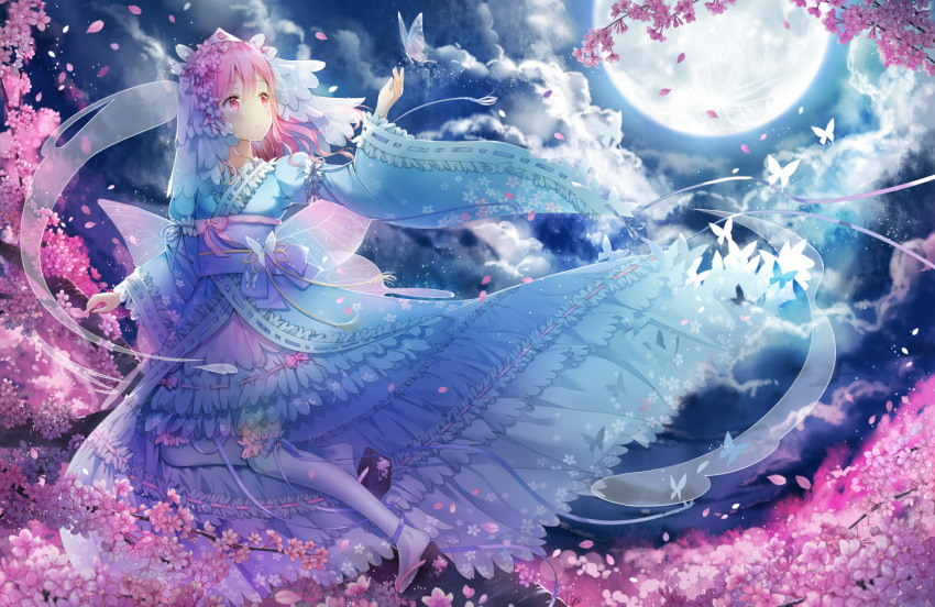 1girl adapted_costume arm_garter arm_up backlighting bangs blue_kimono blue_ribbon blurry blush bow branch butterfly cherry_blossoms closed_mouth clouds dissolving dissolving_clothes dress eyebrows_visible_through_hair flower frilled_dress frilled_kimono frilled_legwear frilled_sleeves frills full_body full_moon hair_flower hair_ornament hitodama hoshi_ame japanese_clothes kimono long_sleeves looking_away moon obi pink_bow pink_eyes pink_hair ribbon ribbon_trim saigyouji_yuyuko sash see-through solo tabi too_many too_many_frills touhou triangular_headpiece veil white_legwear wide_sleeves zouri