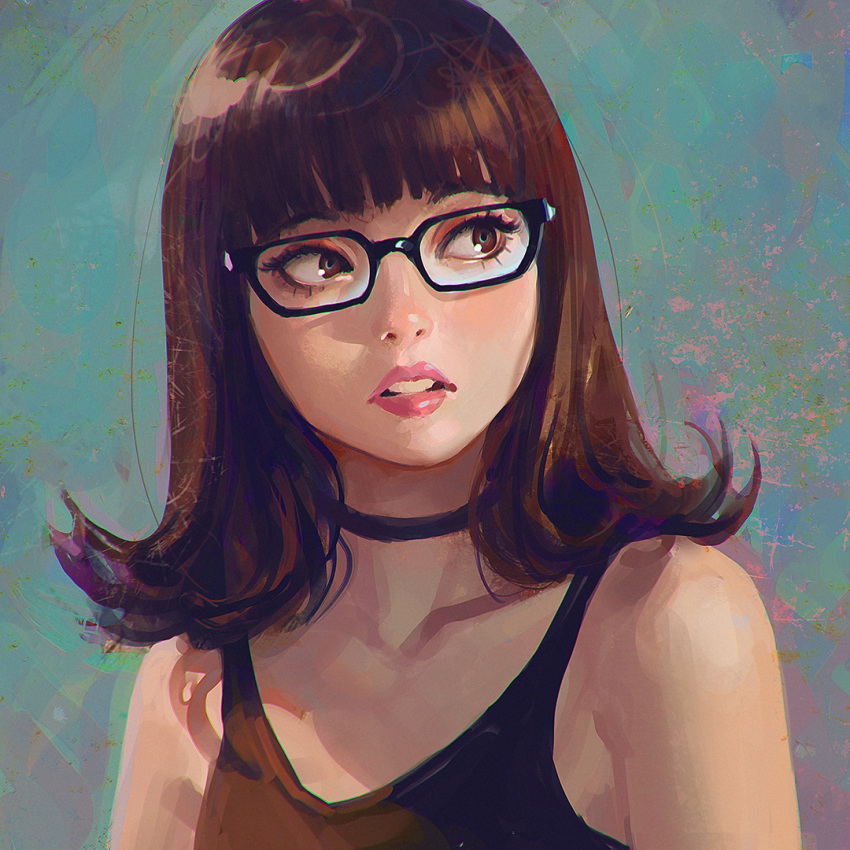 1girl bangs blunt_bangs brown_eyes brown_hair choker glasses ilya_kuvshinov lips long_hair original parted_lips realistic solo upper_body